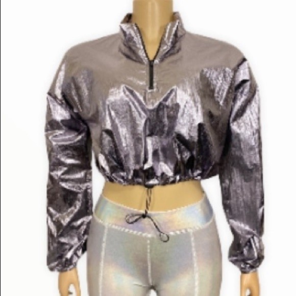 Y2K Blanc Metallic Crop top Shiny 1/4 Zip Long sleeves Drawstring waist Large - Picture 2 of 13